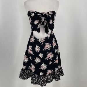 Lulus Frances Black Floral Strapless Tie-Front Mini Dress Size Medium